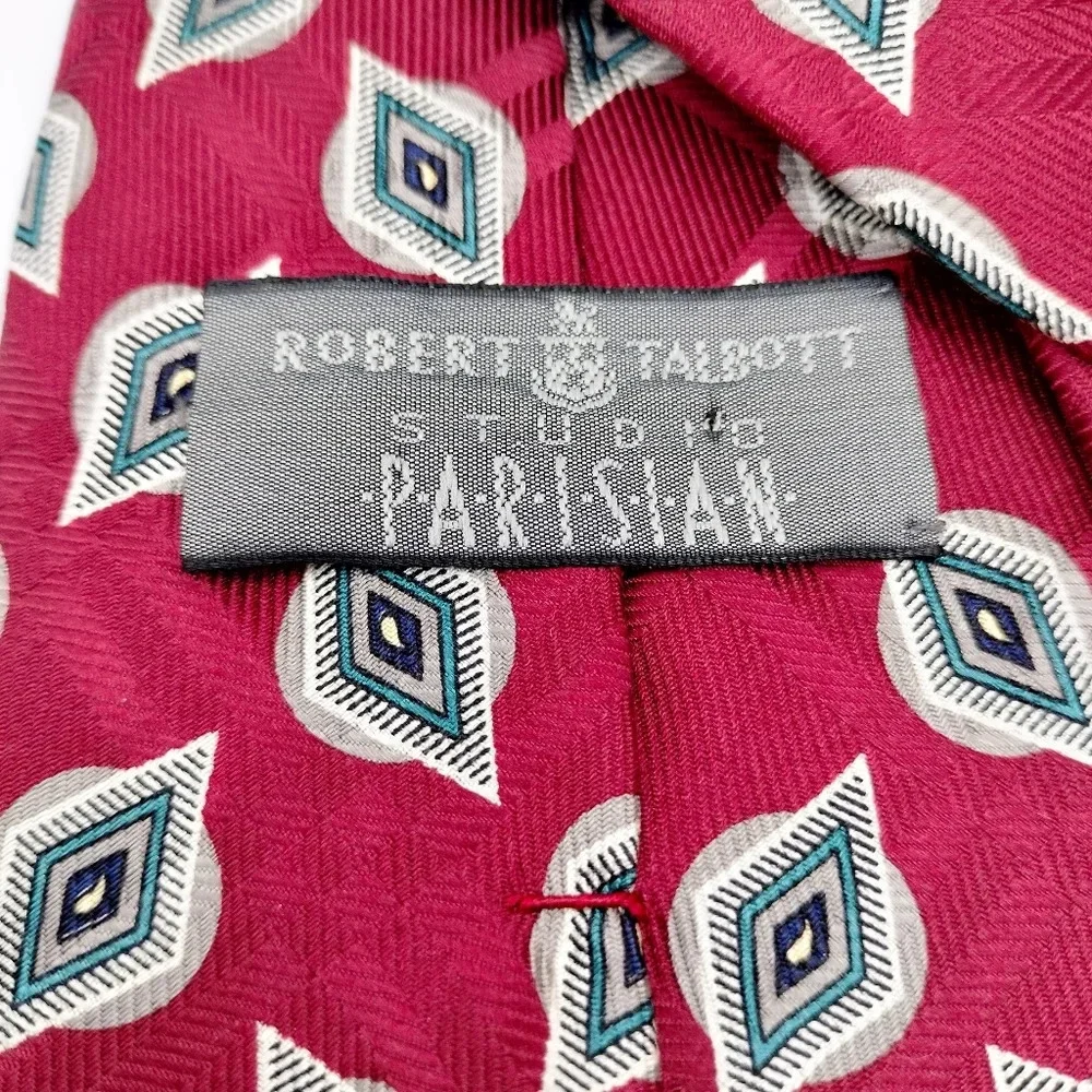 Robert Talbott Silk Tie Necktie Maroon Geometric Pattern Hand Sewn Made in USA